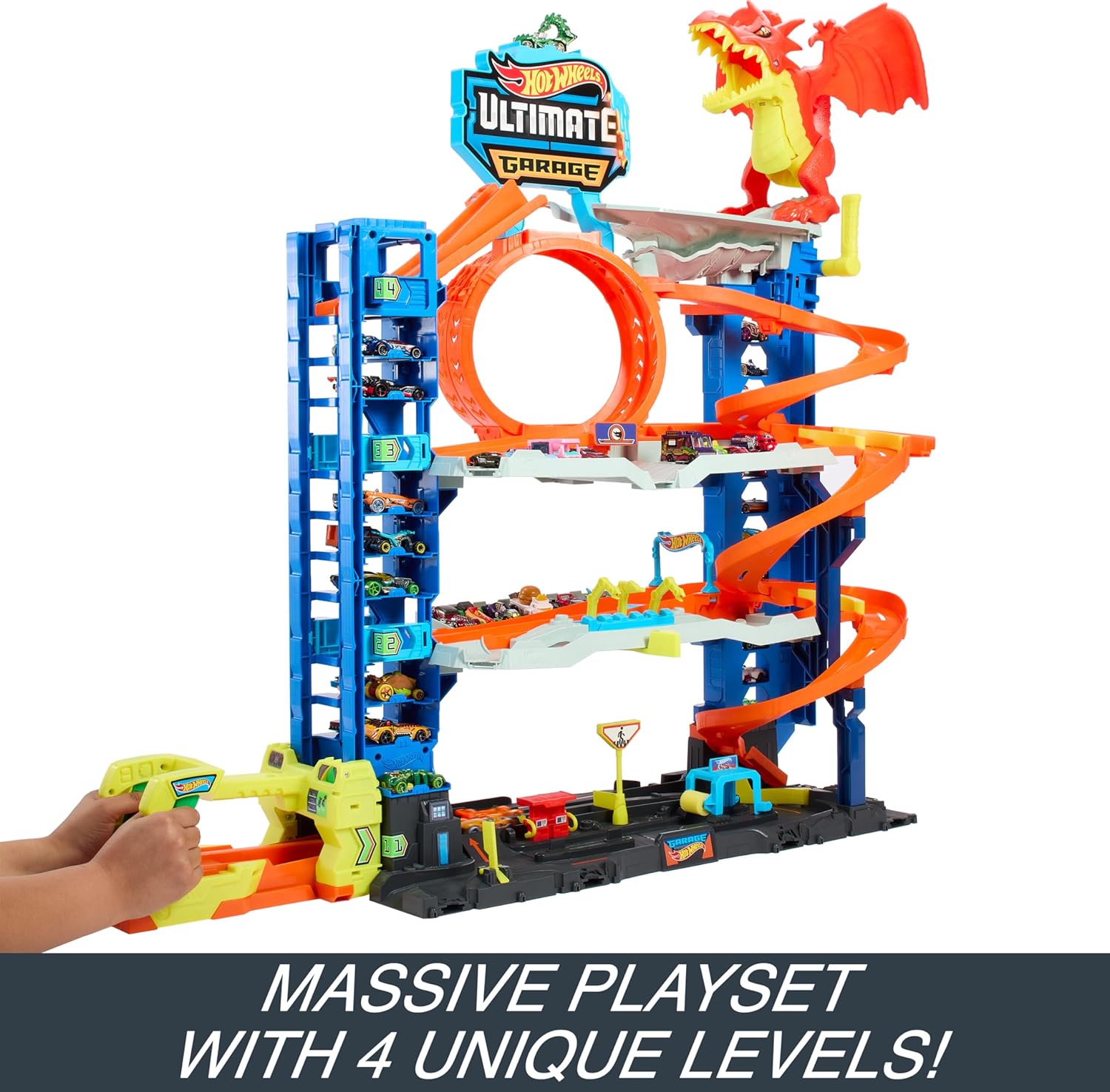 Hot Wheels City Ultimate Garage Track Set with Car-Eating Dragon & 2 Die-Cast Cars β 4 Levels, Stores 50+ Vehicles Hot wheels